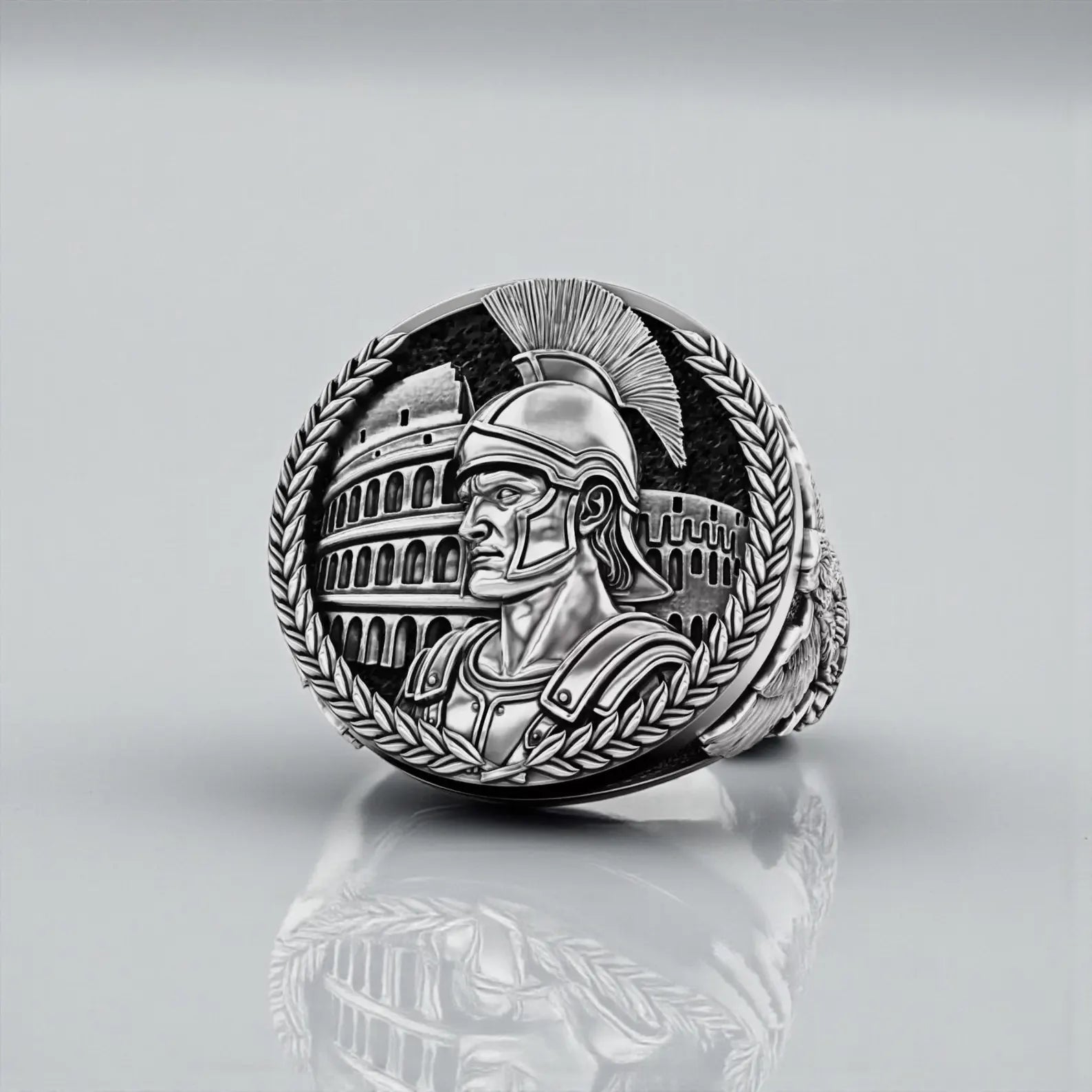 Handcrafted Ancient Rome signet ring for men featuring a bold Imperial Eagle engraving, crafted in solid 925 sterling silver with oxidized finish and strong warrior inspired masculine design