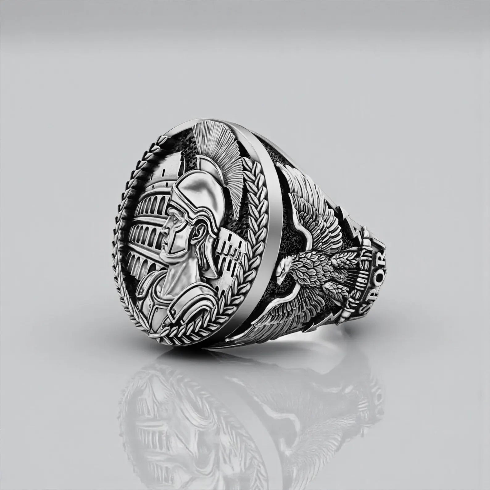 Close up of Imperial Eagle carving on solid sterling silver ring, showcasing vintage Roman warrior aesthetics and powerful masculine structure