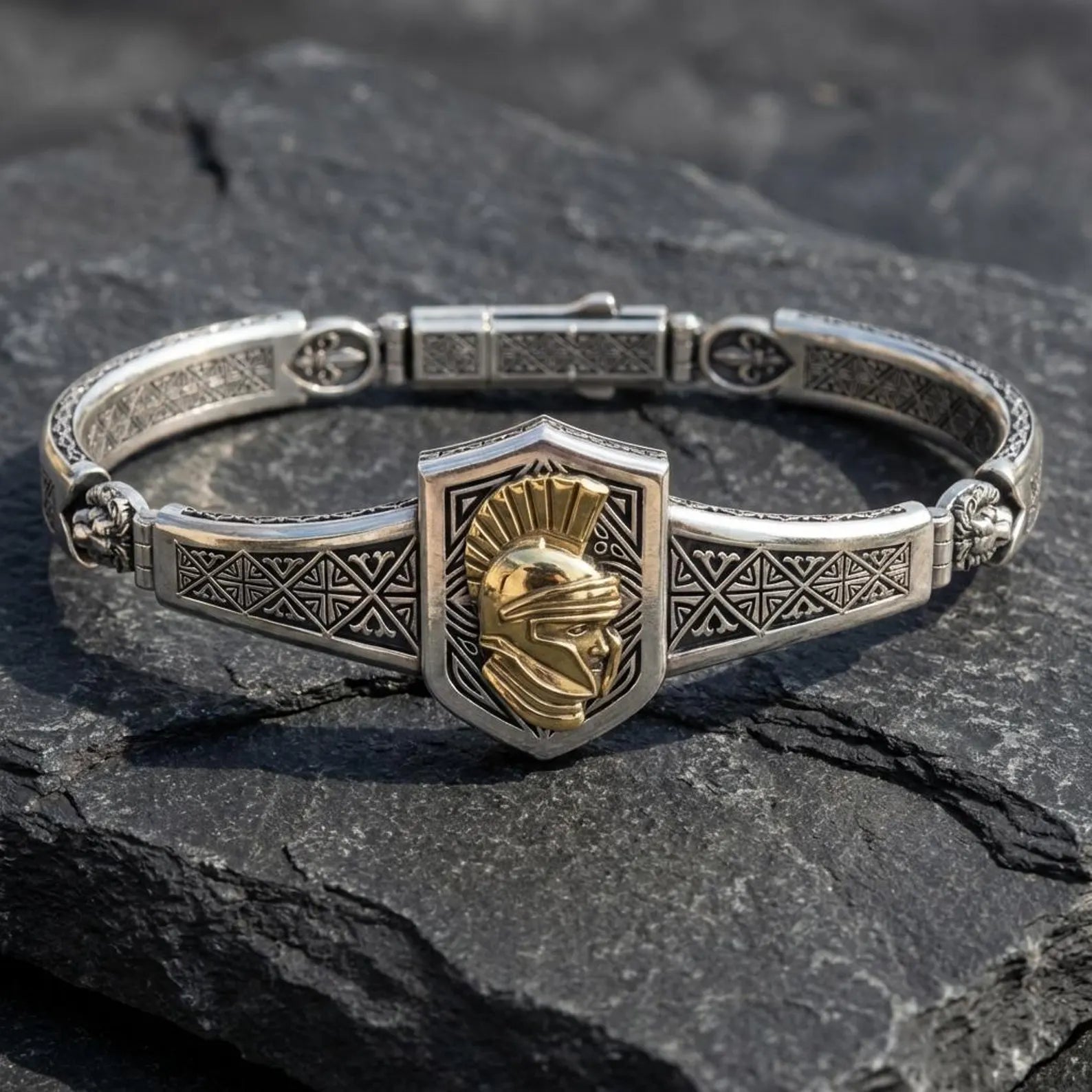 Masculine lion detail Spartan bracelet for men in premium sterling silver, bold historical warrior jewelry piece