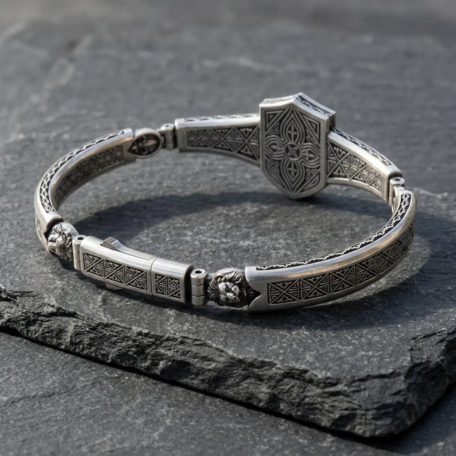 Premium sterling silver warrior bracelet inspired by Spartan heritage, handcrafted mens cuff with powerful lion emblem