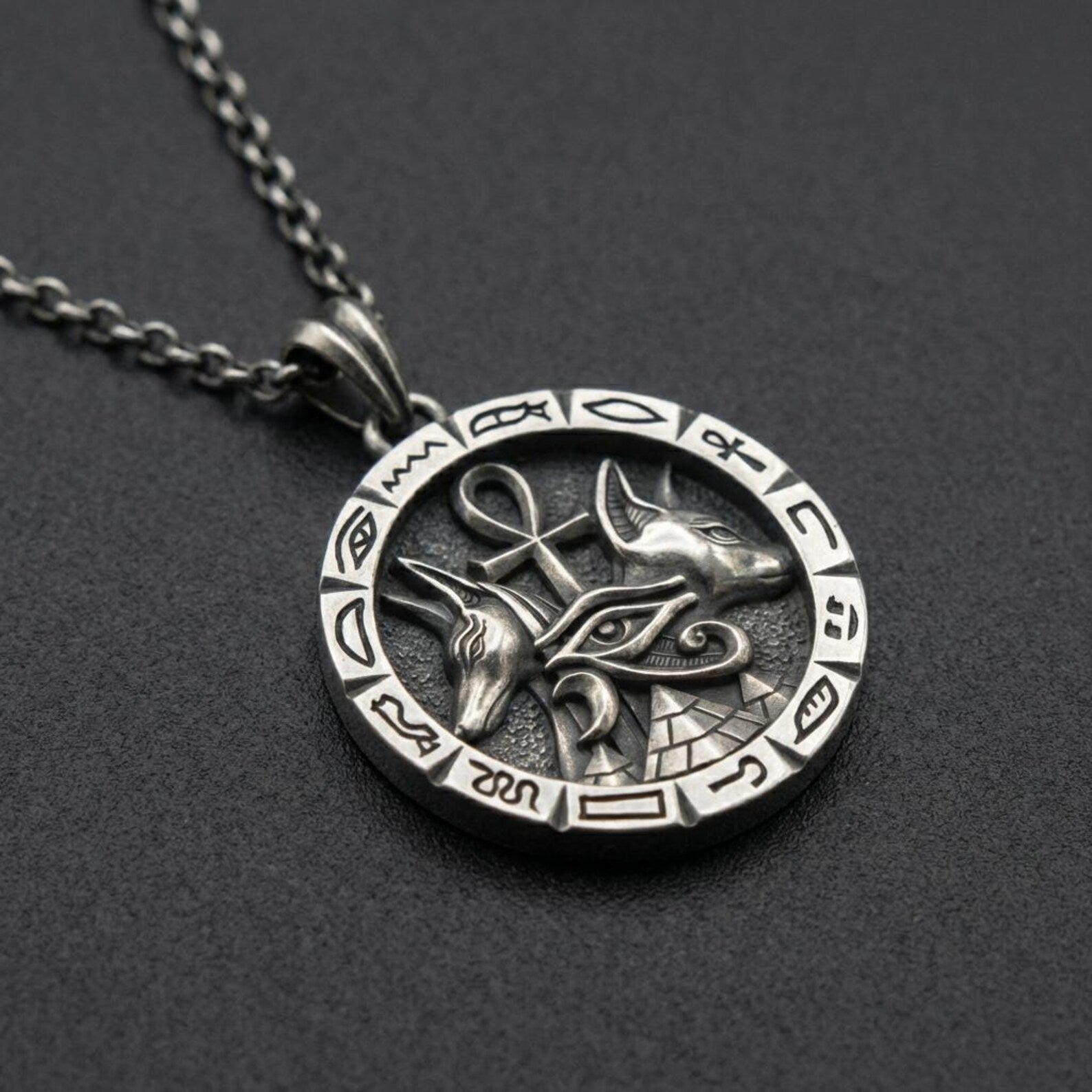 egyptian guardian amulet necklace anubis and bastet detailed oxidized silver pendant gift for boyfriend husband