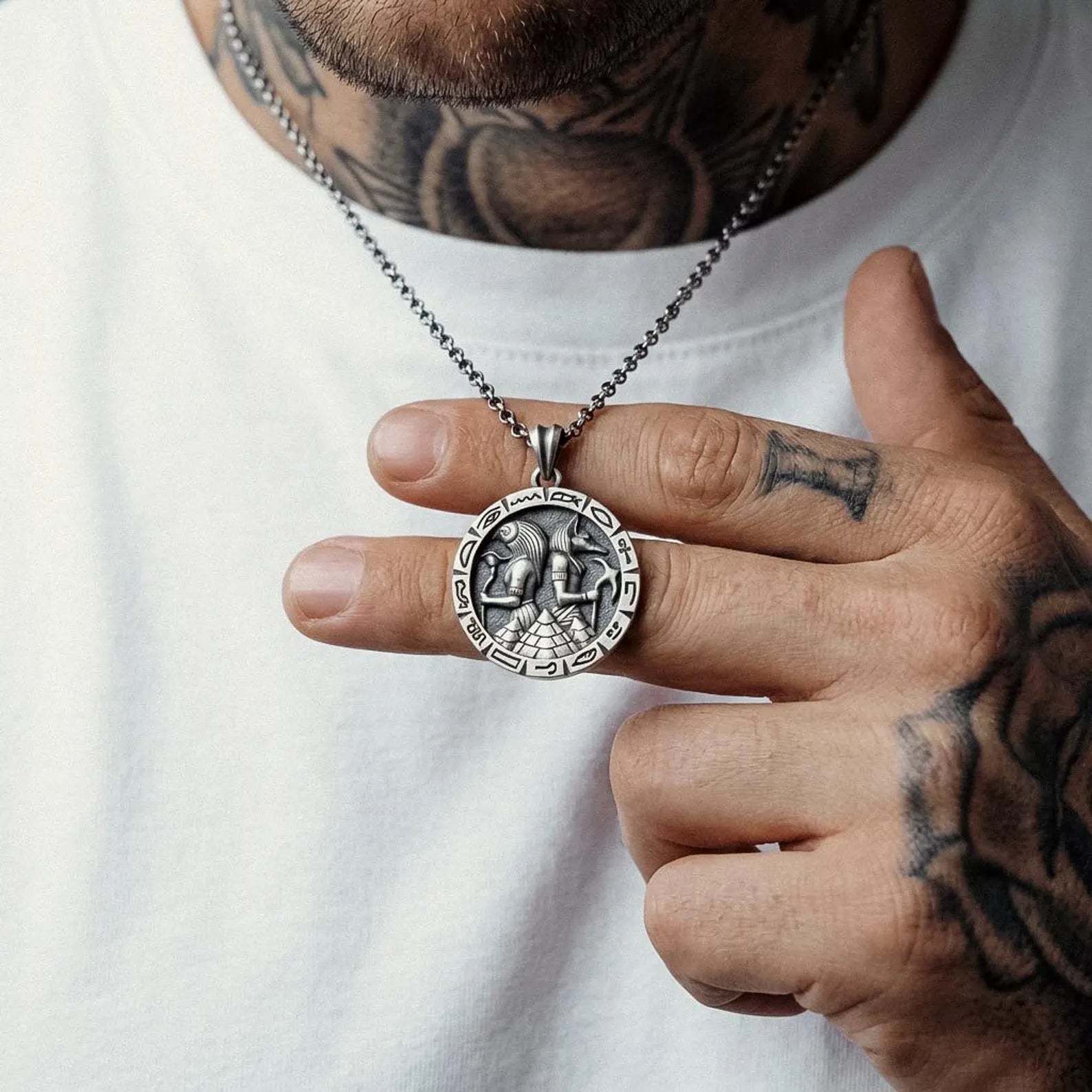 solid 925 sterling silver egyptian gods necklace featuring anubis and horus oxidized vintage style mens pendant jewelry