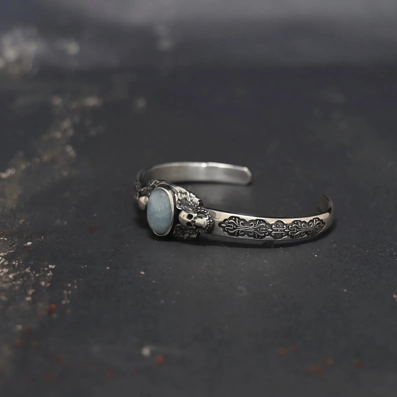 Presented in a beautifully crafted gift box, this silver gothic skull bracelet with aquamarine is the perfect gift for Father’s Day, birthdays, or anniversaries. Surprise your husband, boyfriend, or dad with a meaningful and ruggedly elegant piece of jewelry that reflects his unique personality and spiritual side. An unforgettable present that blends dark elegance with personal sentiment, making it a cherished keepsake for years to come.