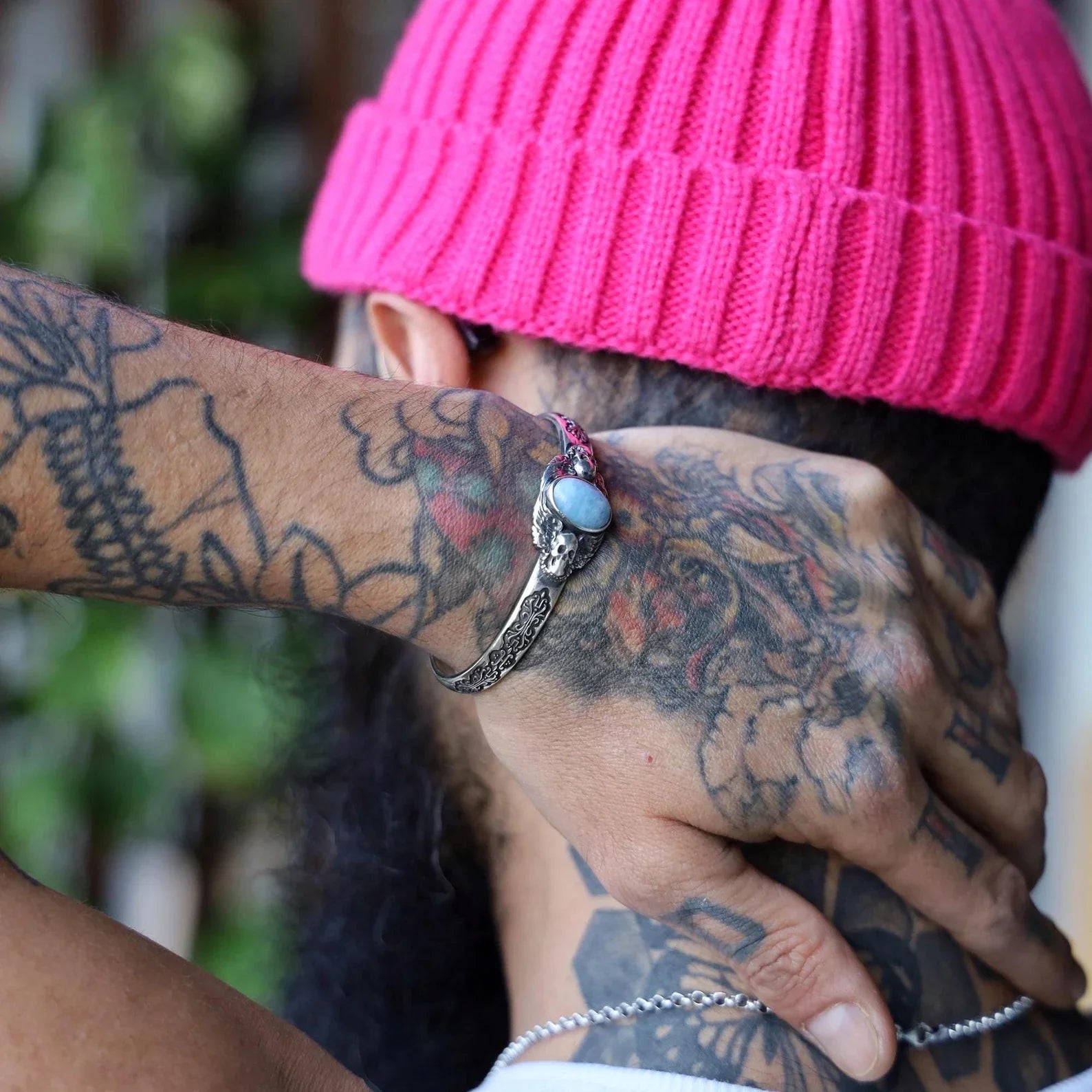 Unique angle showcasing the powerful combination of the gothic skull charm and the calming aquamarine stone in this handcrafted silver bracelet. Designed for men who embrace spiritual balance, personal strength, and the dark allure of gothic style, this bracelet is a unique and meaningful piece that captures the essence of alternative fashion and rugged elegance.