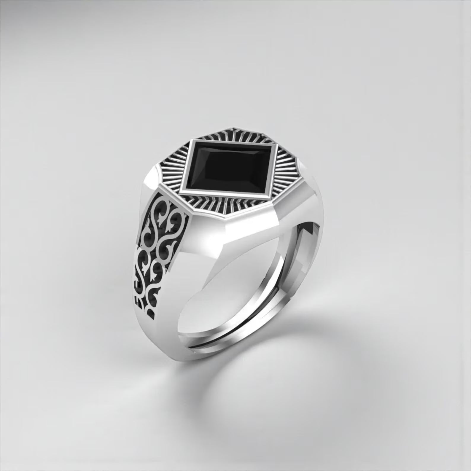 Handmade black onyx signet ring for men, designed in solid sterling silver with deep black gemstone symbolizing strength, protection and modern masculine elegance