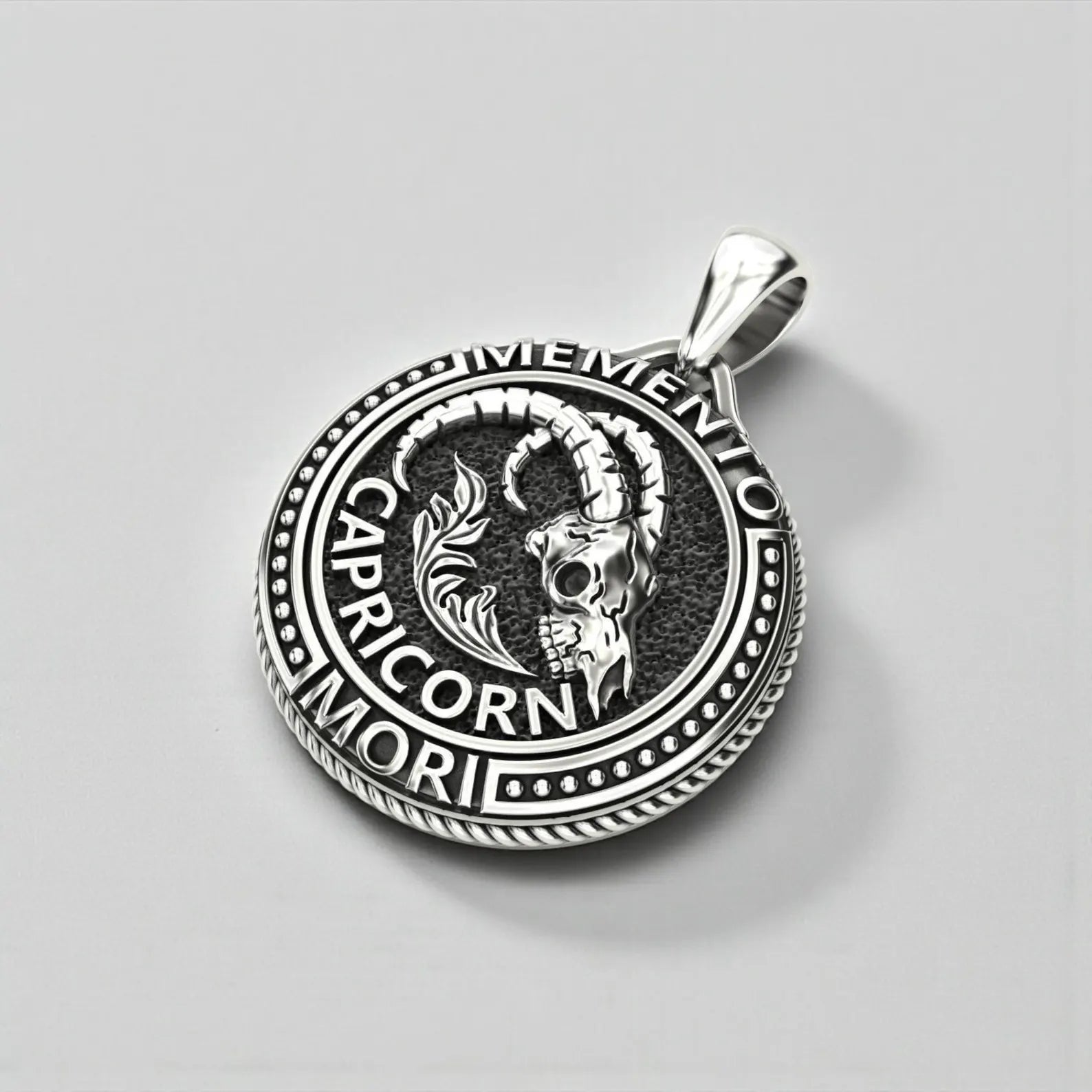 Sterling silver Capricorn necklace with Sea-Goat symbol, designed in a dark gothic biker style, representing discipline, resilience and celestial zodiac power