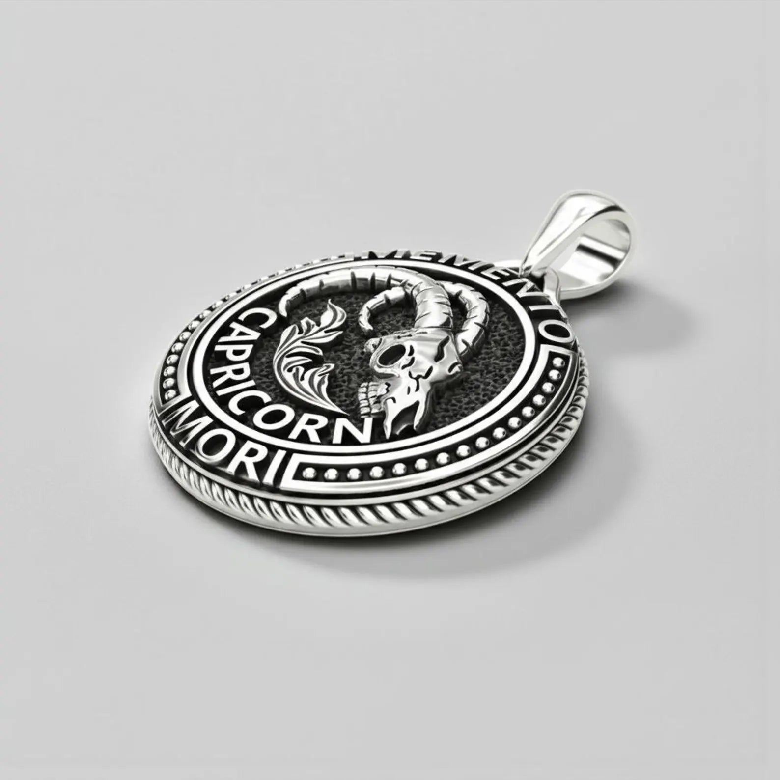Gothic zodiac Capricorn necklace in oxidized 925 silver, presented as a unique Valentine’s Day, anniversary or birthday gift for astrology enthusiasts