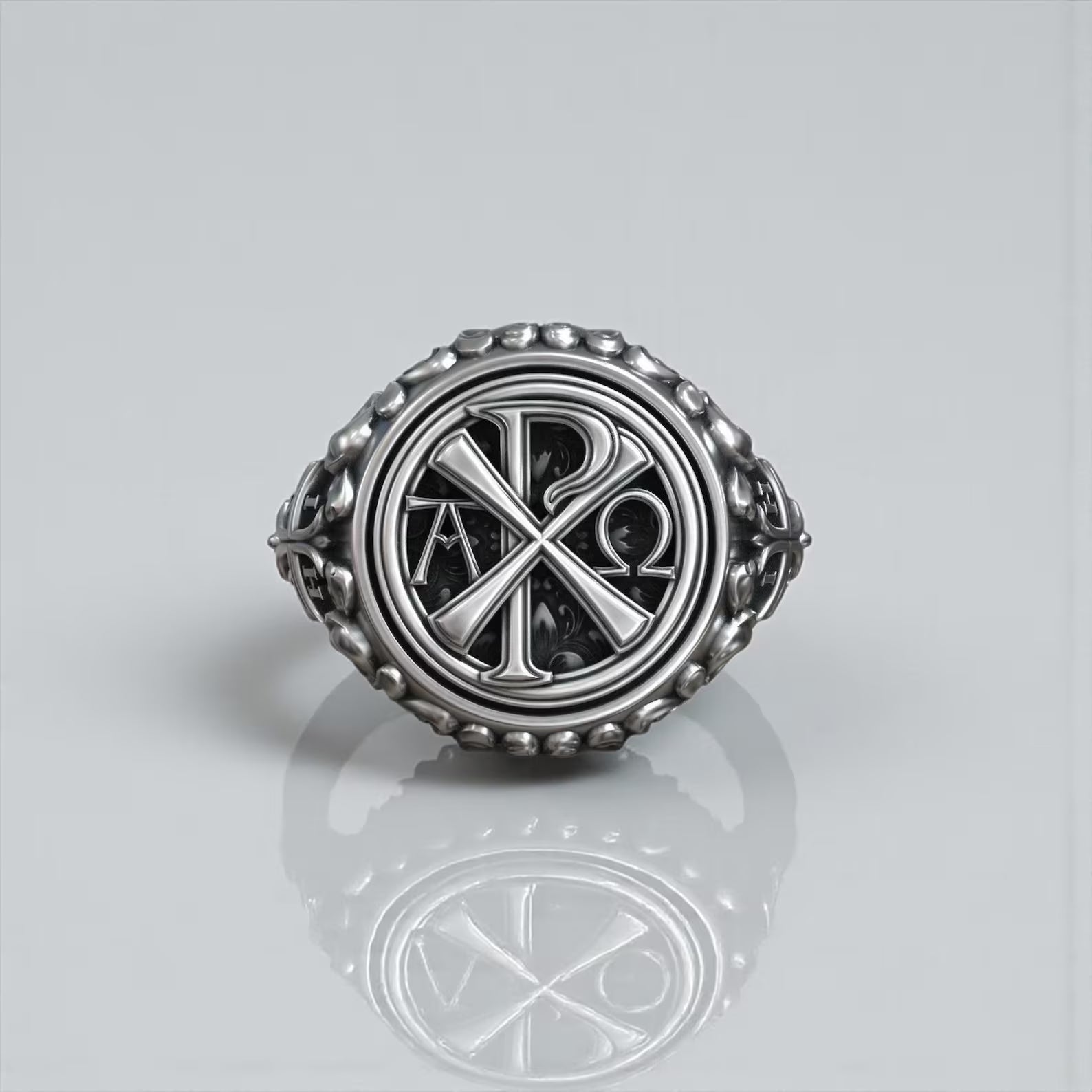 Men’s Christian signet ring with Chi Rho, Alpha and Omega symbols, made of solid sterling silver and designed to represent faith, eternity and divine protection
