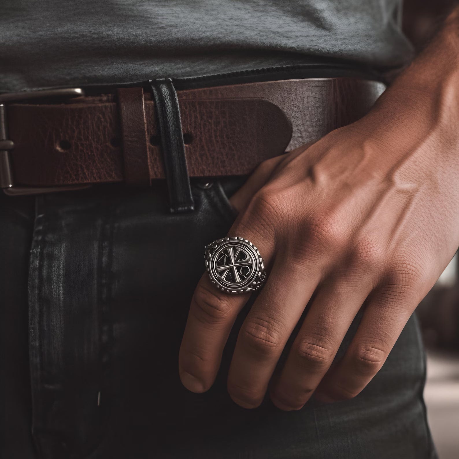 Faith inspired Chi Rho Alpha Omega ring worn on a male hand, showcasing a bold gothic Christian jewelry style with sacred engravings and oxidized silver finish