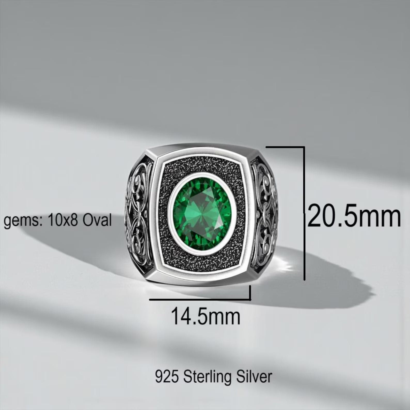 Handcrafted emerald gemstone signet ring for men in Victorian gothic style, dark aesthetic sterling silver statement jewelry