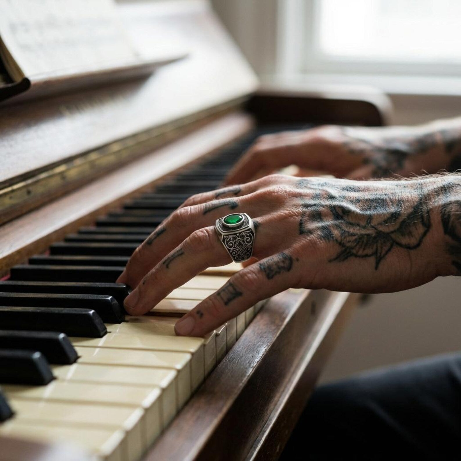 Gothic emerald gemstone signet ring for men with custom engraving option, handmade sterling silver jewelry gift for him