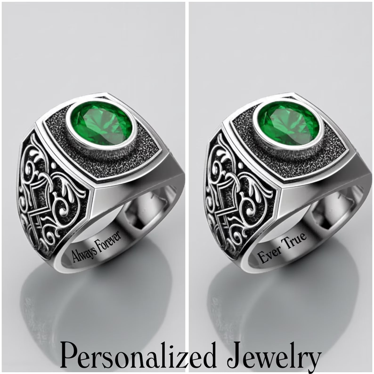 Emerald birthstone signet ring for men made of 925 sterling silver with gothic and Victorian engraved design