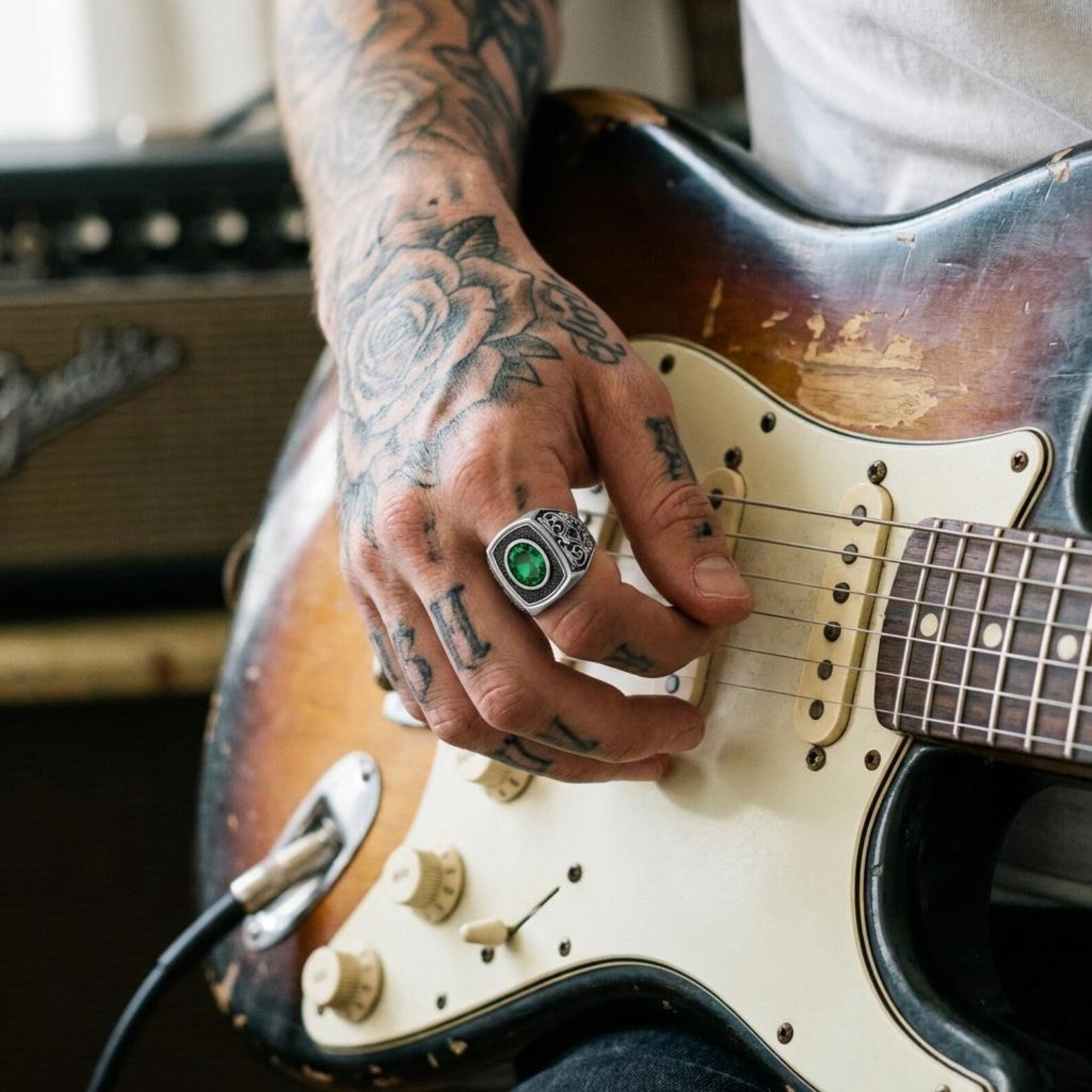 Dark aesthetic emerald signet ring for men crafted in solid 925 sterling silver with baroque gothic engraved details