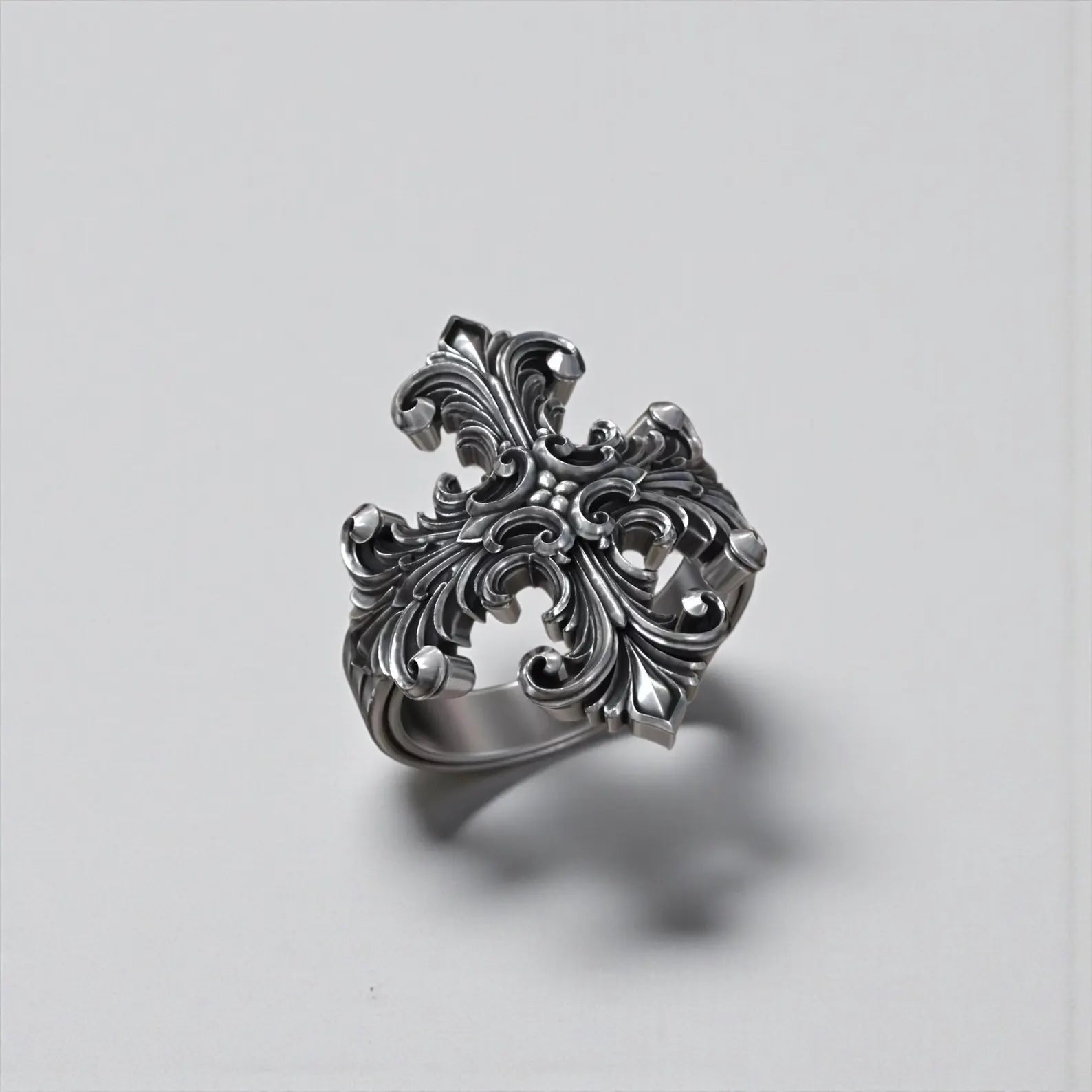 Personalized Christian silver ring for men featuring a bold baroque cross symbol and antique inspired gothic style