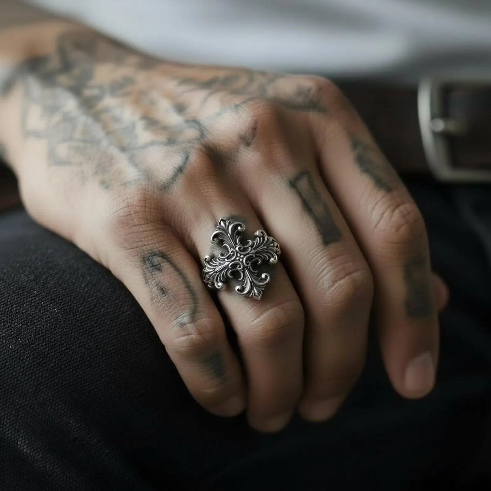 Men’s Christian statement ring crafted in solid 925 sterling silver with ornate baroque cross engravings and oxidized finish