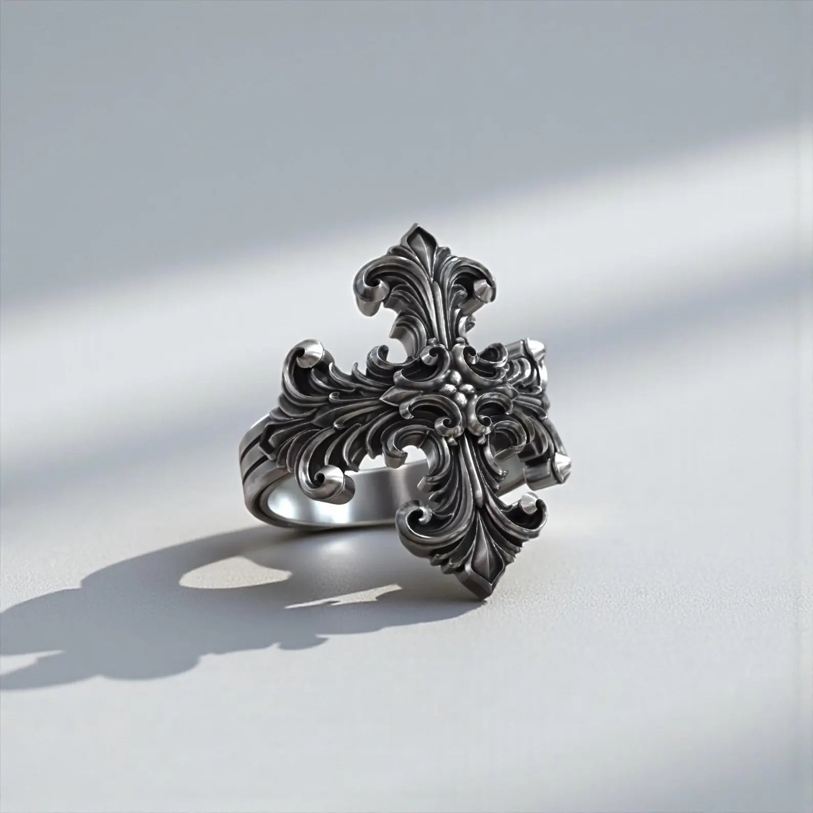Handmade sterling silver baroque cross ring for men featuring detailed engraved Christian faith symbols and bold gothic design