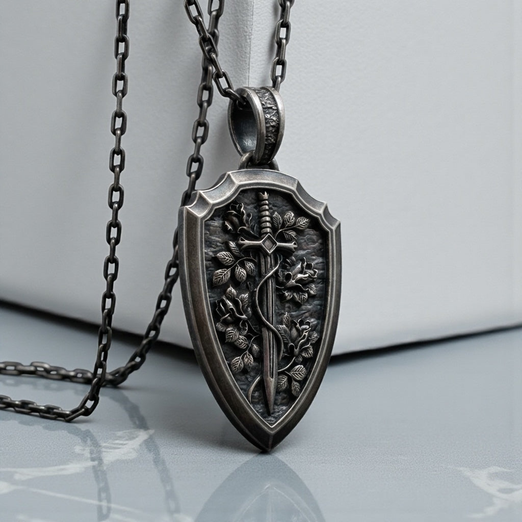 Handcrafted gothic sword shield necklace for men made from solid sterling silver featuring detailed vintage medieval floral engravings bold masculine statement pendant jewelry gift for him
