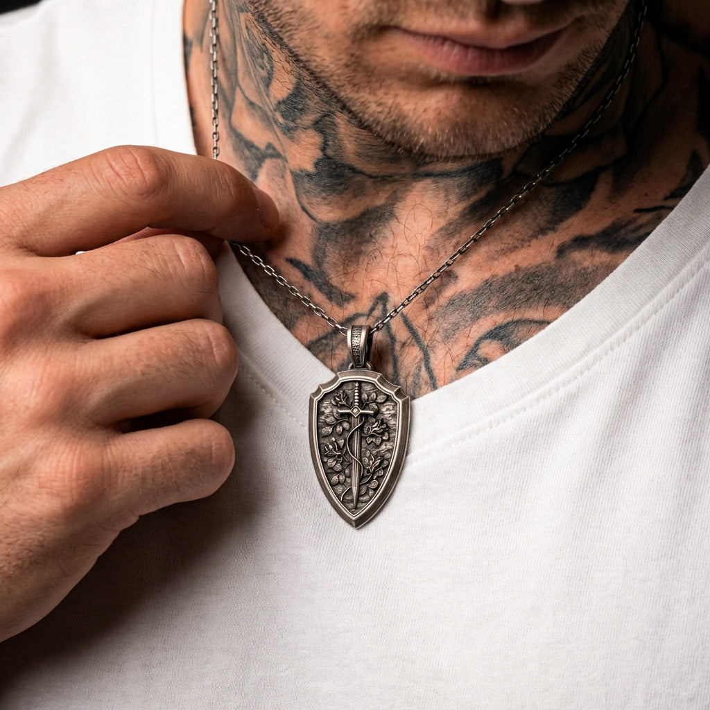 Unisex gothic medieval necklace featuring sterling silver shield and sword design handmade oxidized masculine statement pendant jewelry piece