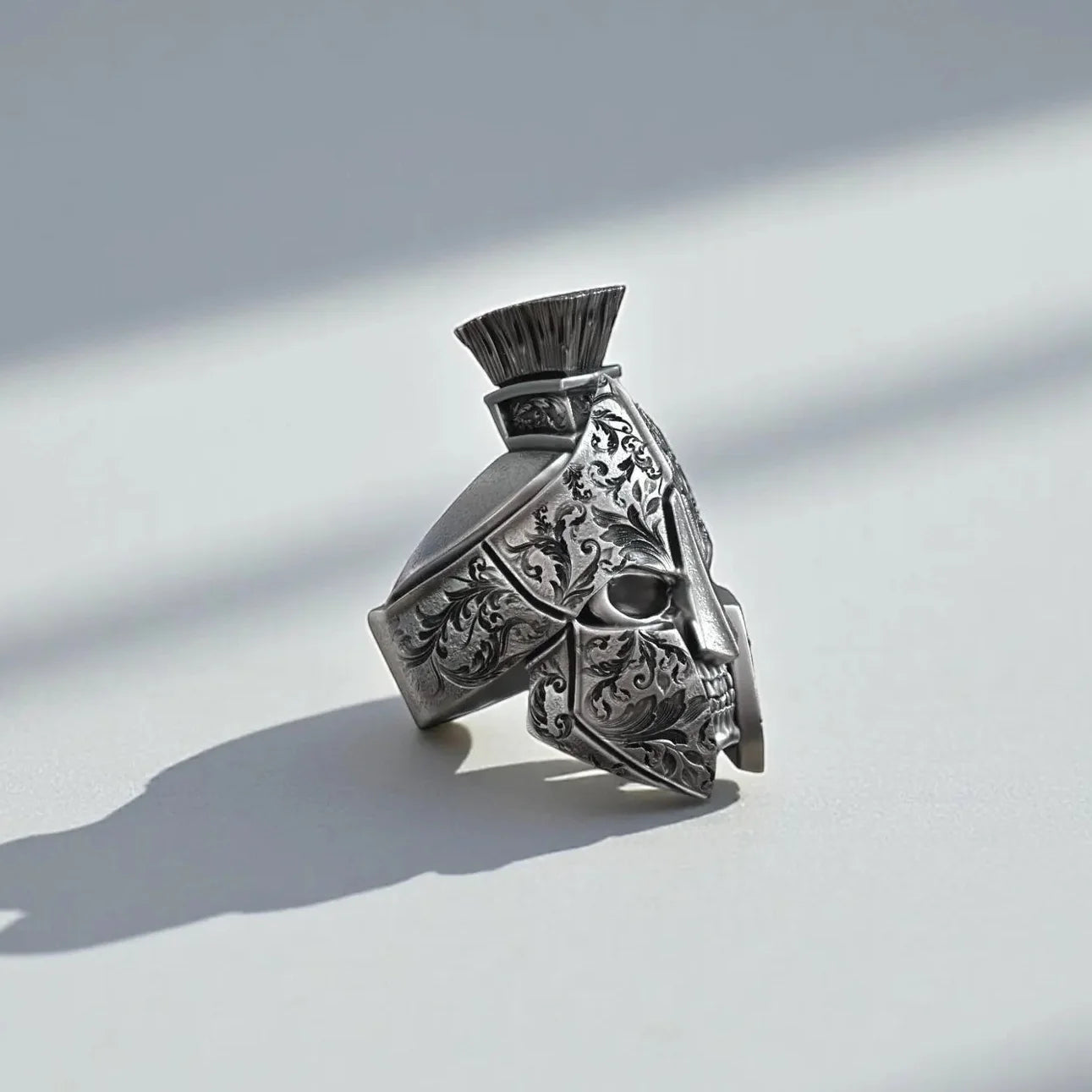 Handcrafted Greek Spartan helmet ring for men made of solid sterling silver featuring bold Baroque engraved detailing and heavy 35 gram warrior design