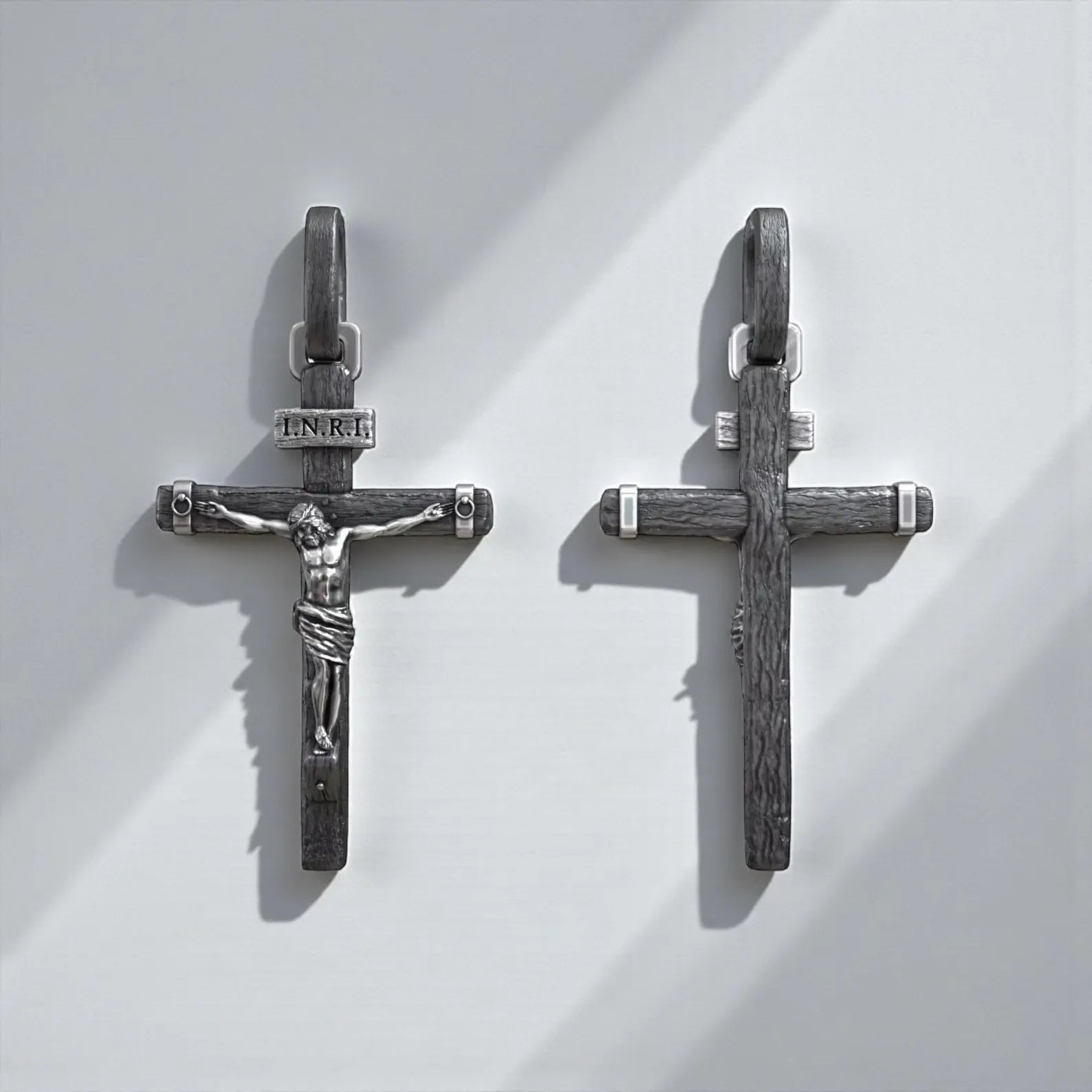 INRI Jesus crucifix pendant necklace in premium sterling silver for men, showcasing a powerful Christian faith symbol designed for everyday wear and spiritual devotion
