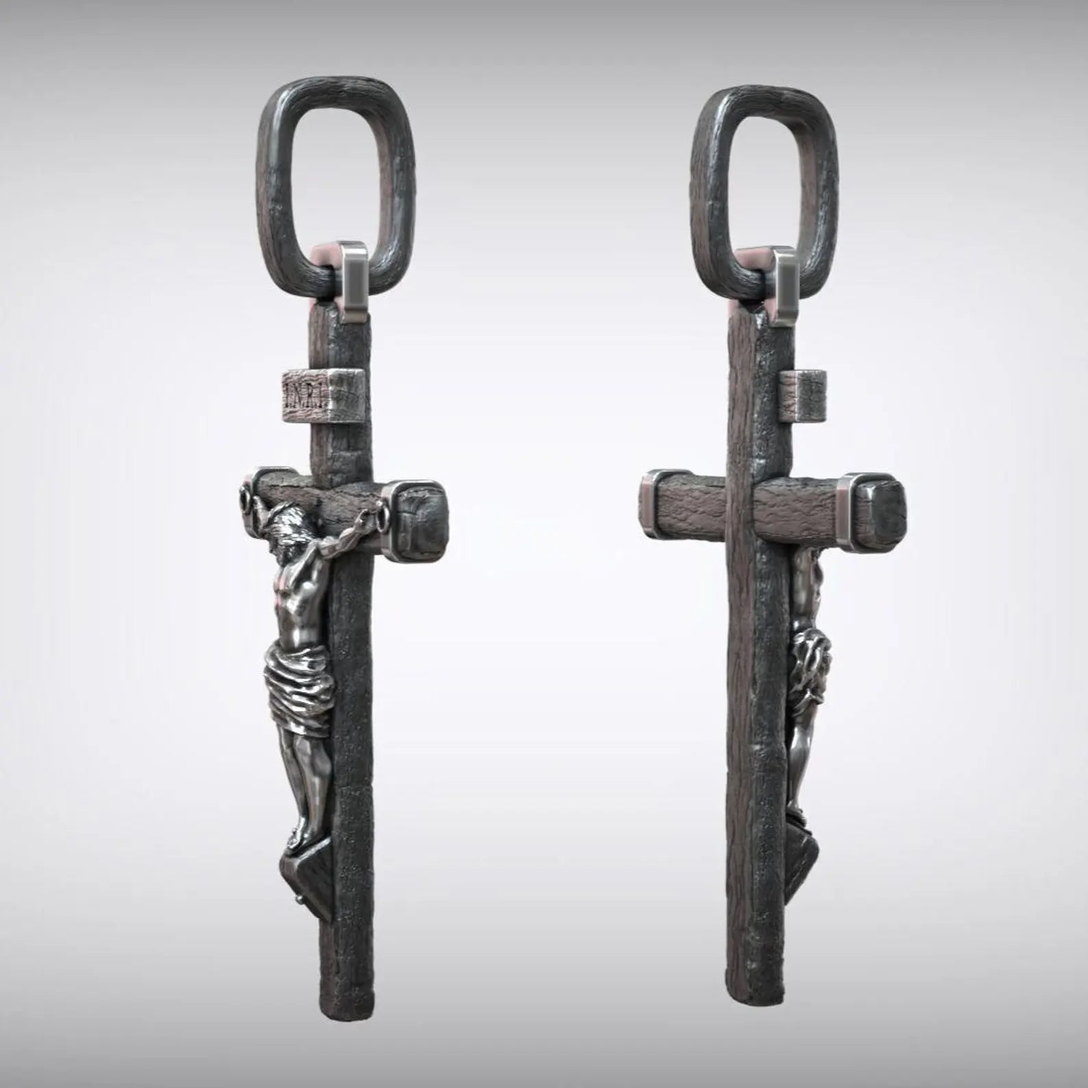 Men’s Christian crucifix necklace featuring INRI inscription and Jesus Christ cross, made from high quality 925 sterling silver with bold statement design