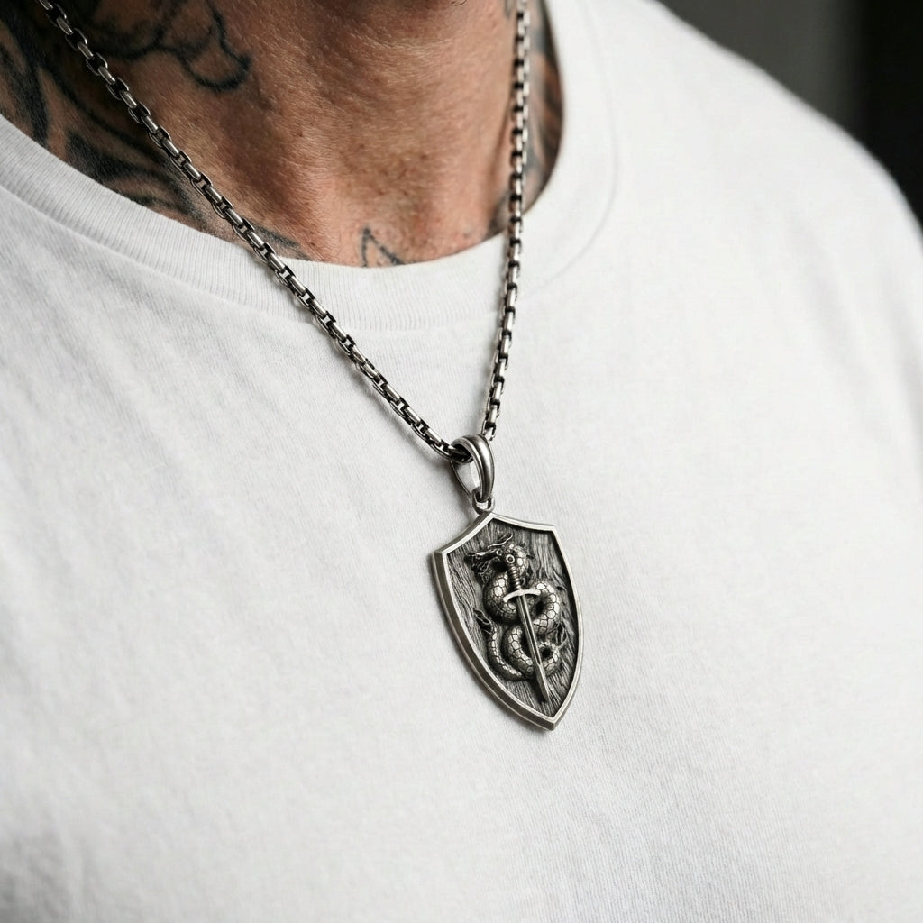 Powerful masculine dragon knight necklace made of solid sterling silver medieval armor inspired bold statement pendant