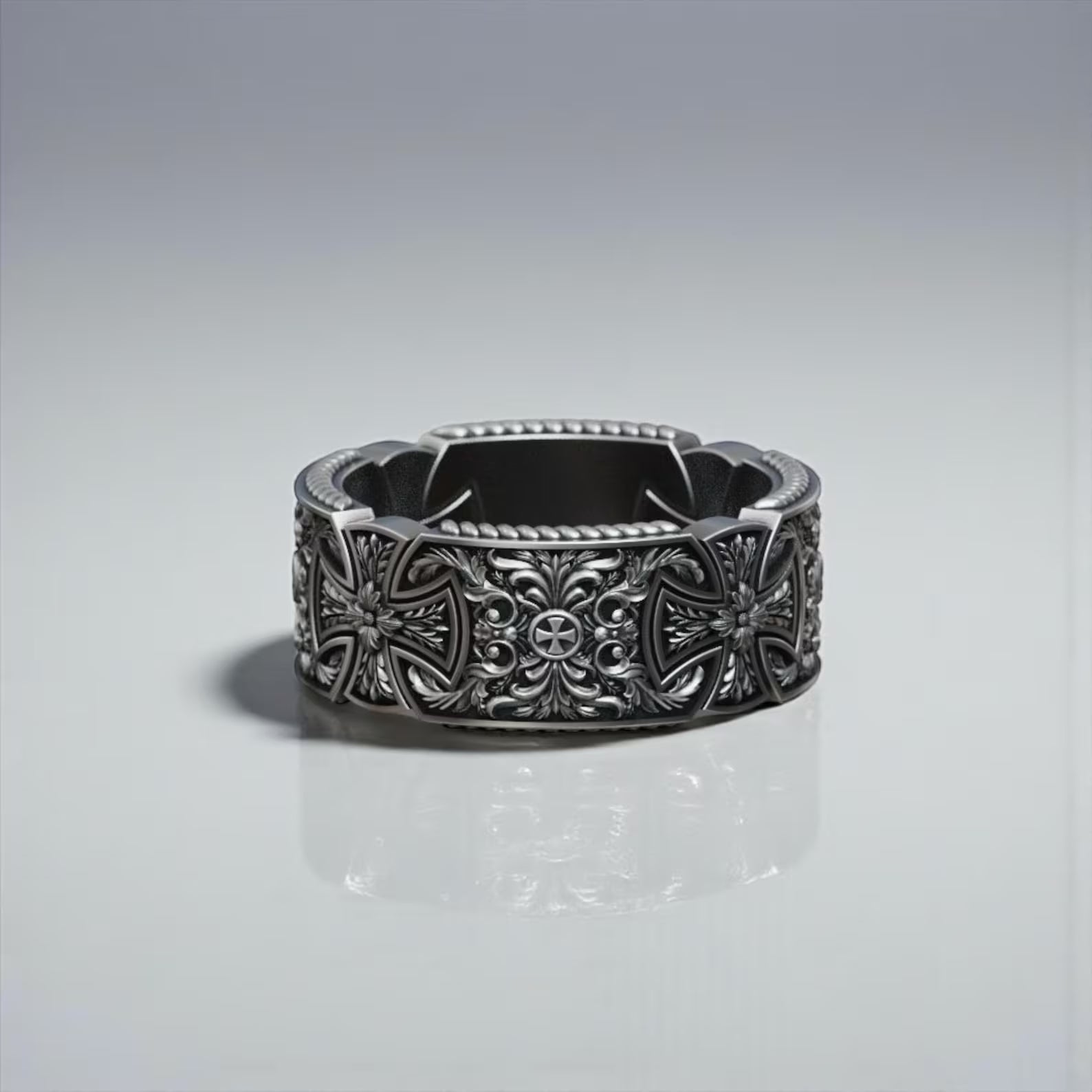 Men’s faith band ring with Maltese Templar cross handcrafted 925 sterling silver powerful Christian religious jewelry for him