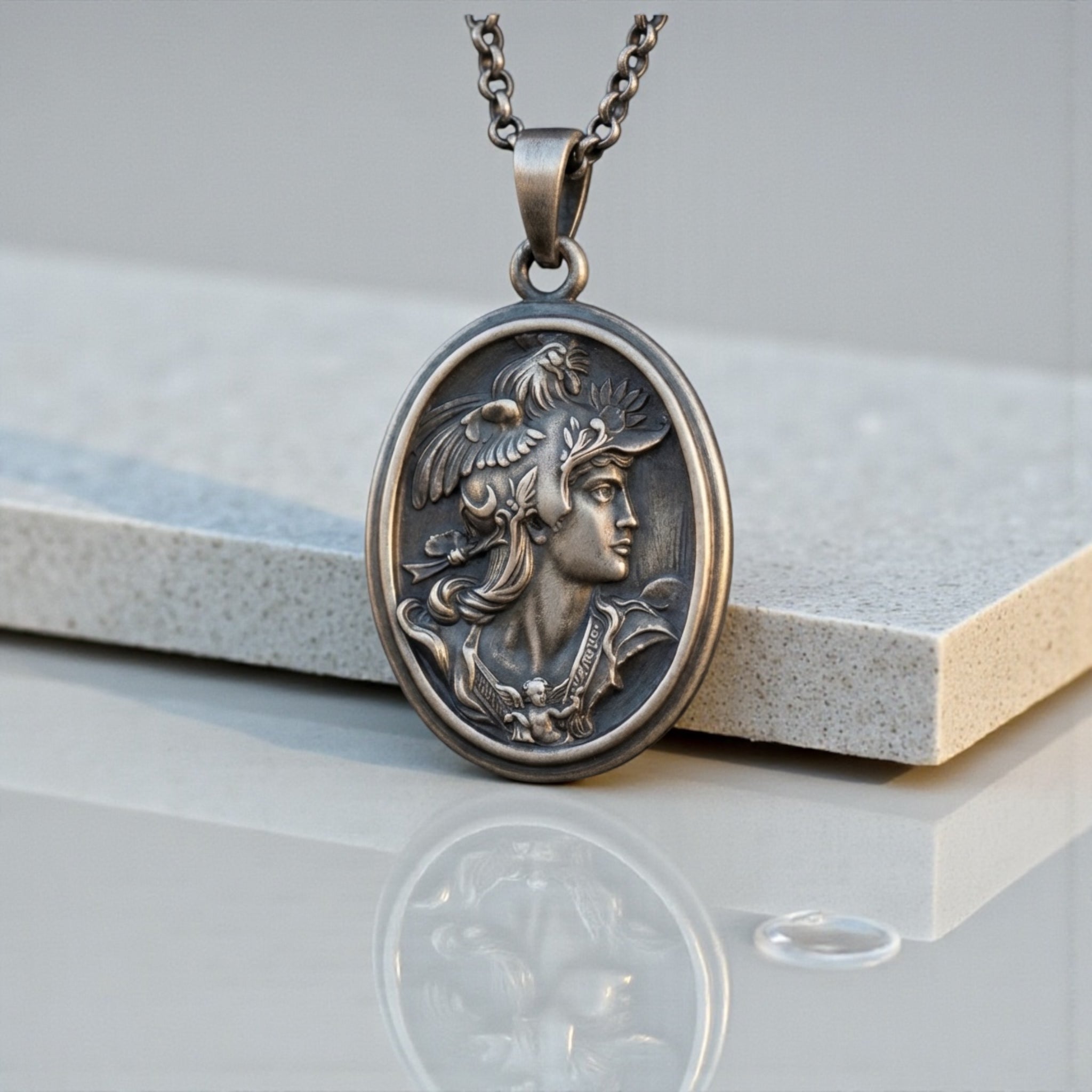 Mythology inspired Athena necklace for men handcrafted in solid 925 sterling silver, detailed ancient Greek goddess pendant with bold masculine vintage style and oxidized finish
