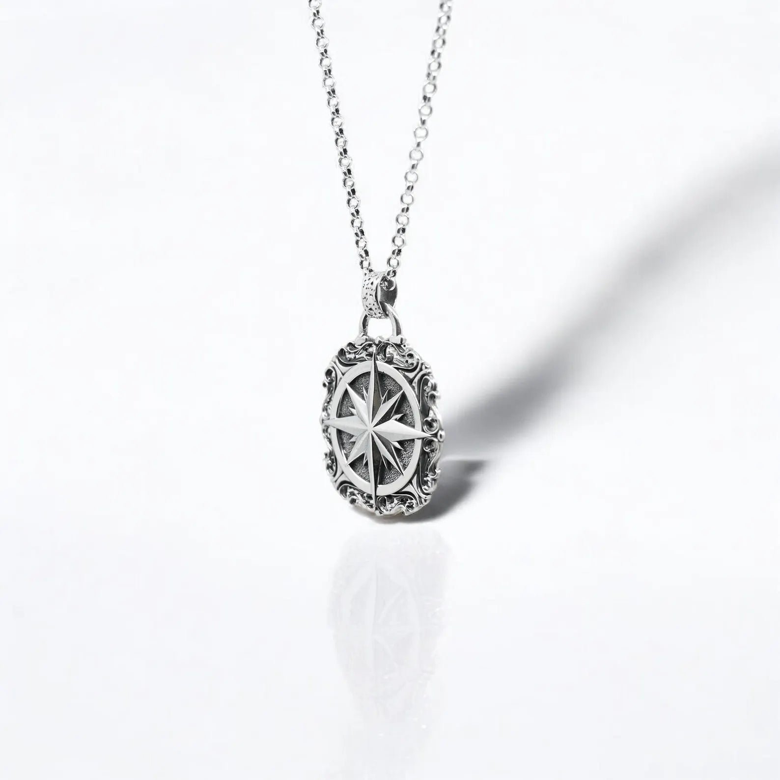 Sterling silver north star compass necklace symbolizing guidance, purpose, and spiritual clarity. This large and detailed pendant is designed for those who live with intention and seek deeper meaning in life. A perfect gift for adventurers, travelers, and modern explorers. Trending on Etsy and Pinterest for meaningful men’s jewelry with boho and nautical vibes.