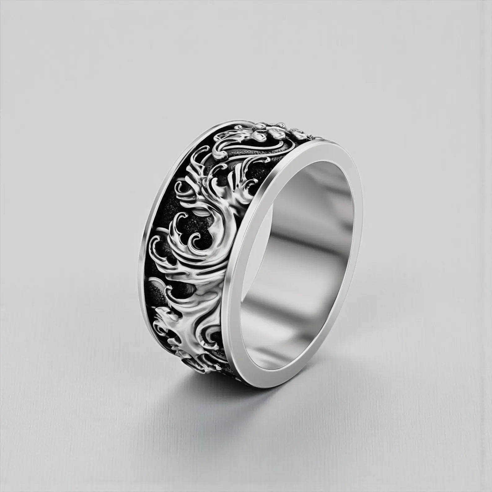 Nautical ocean lover band ring for men featuring flowing wave engravings in solid sterling silver