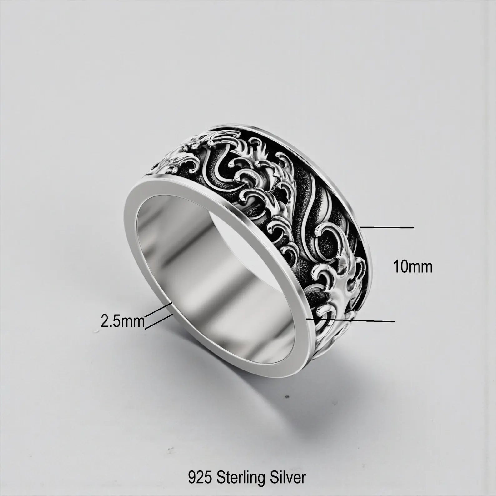 Handcrafted ocean waves ring for men inspired by maritime life, sterling silver band ring with sea symbolism