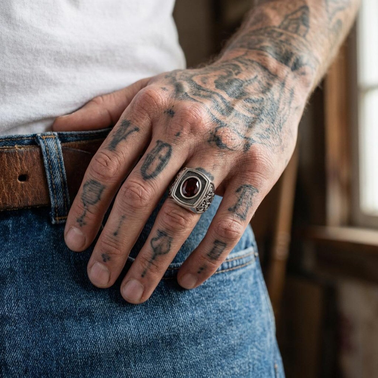 Handmade gothic signet ring for men with red garnet birthstone, bold baroque engraved design in oxidized sterling silver dark style jewelry