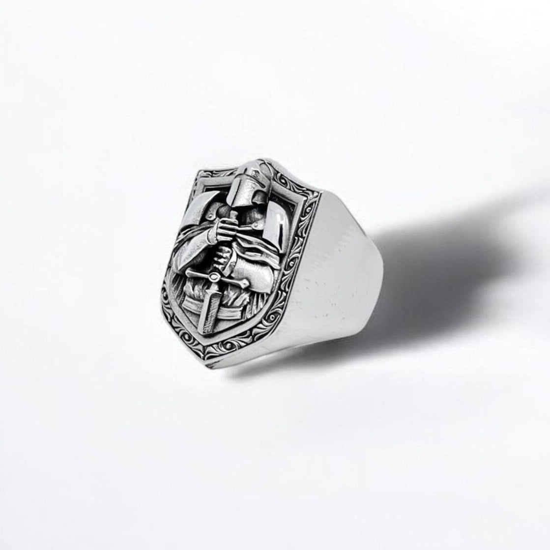 Handcrafted sterling silver knight warrior ring featuring intricate medieval design. This bold and masculine ring is a perfect gift for him on birthdays, anniversaries, or Independence Day. Ideal for men who admire warrior symbolism, strength, and vintage style.