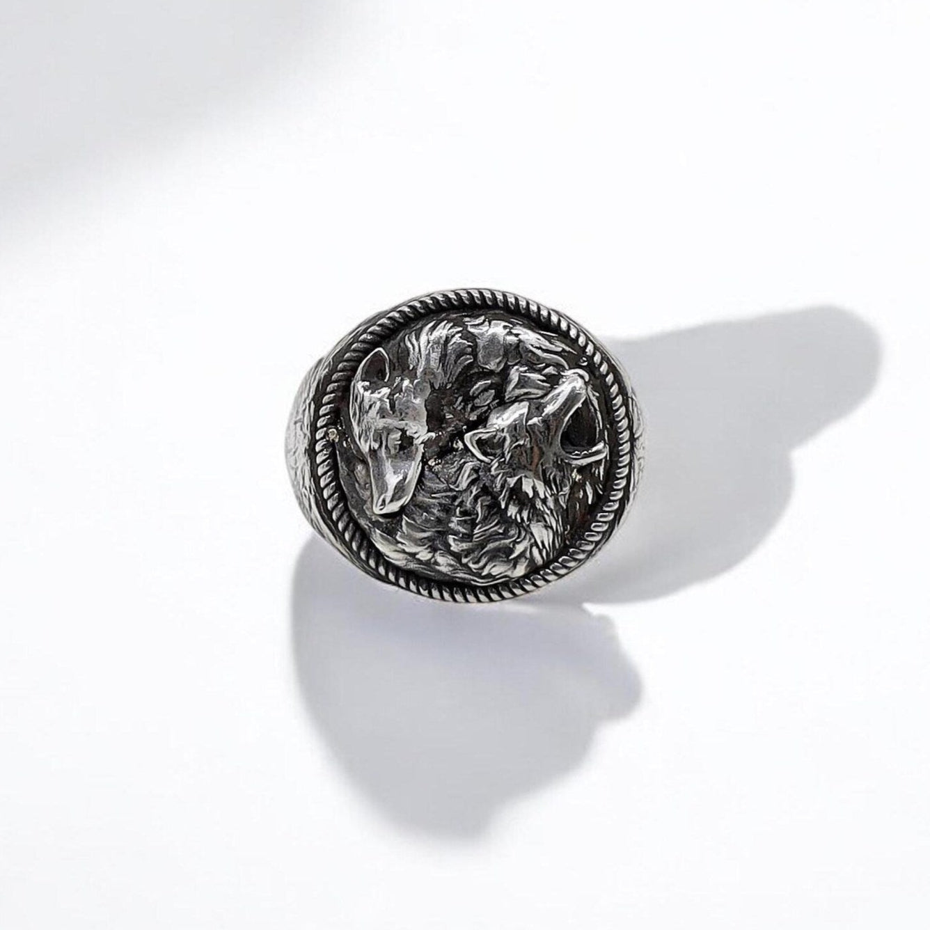 Handcrafted sterling silver wolf ring showcasing a powerful yin yang design that symbolizes strength, balance, and duality. A bold and meaningful accessory for men who embrace their inner warrior spirit and spiritual harmony.