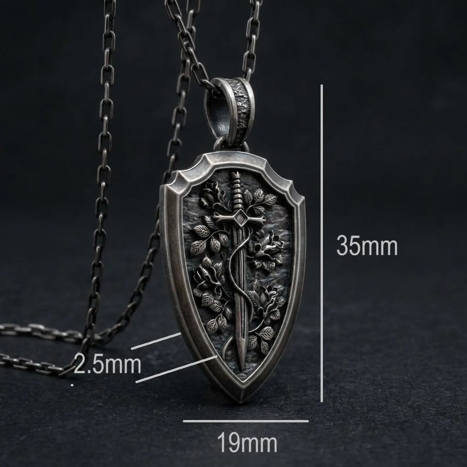 Detailed gothic medieval shield necklace for men featuring engraved sword motif solid sterling silver handcrafted bold statement jewelry gift for him