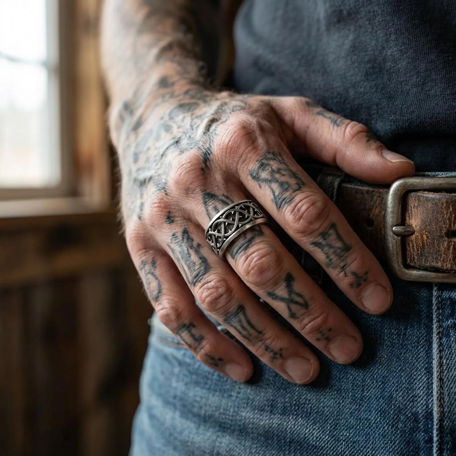 Close-up view of a handcrafted thorn crown band ring for men made from solid sterling silver, showcasing deep engraved thorn details, oxidized contrast finish, and strong religious symbolism inspired by the Crown of
