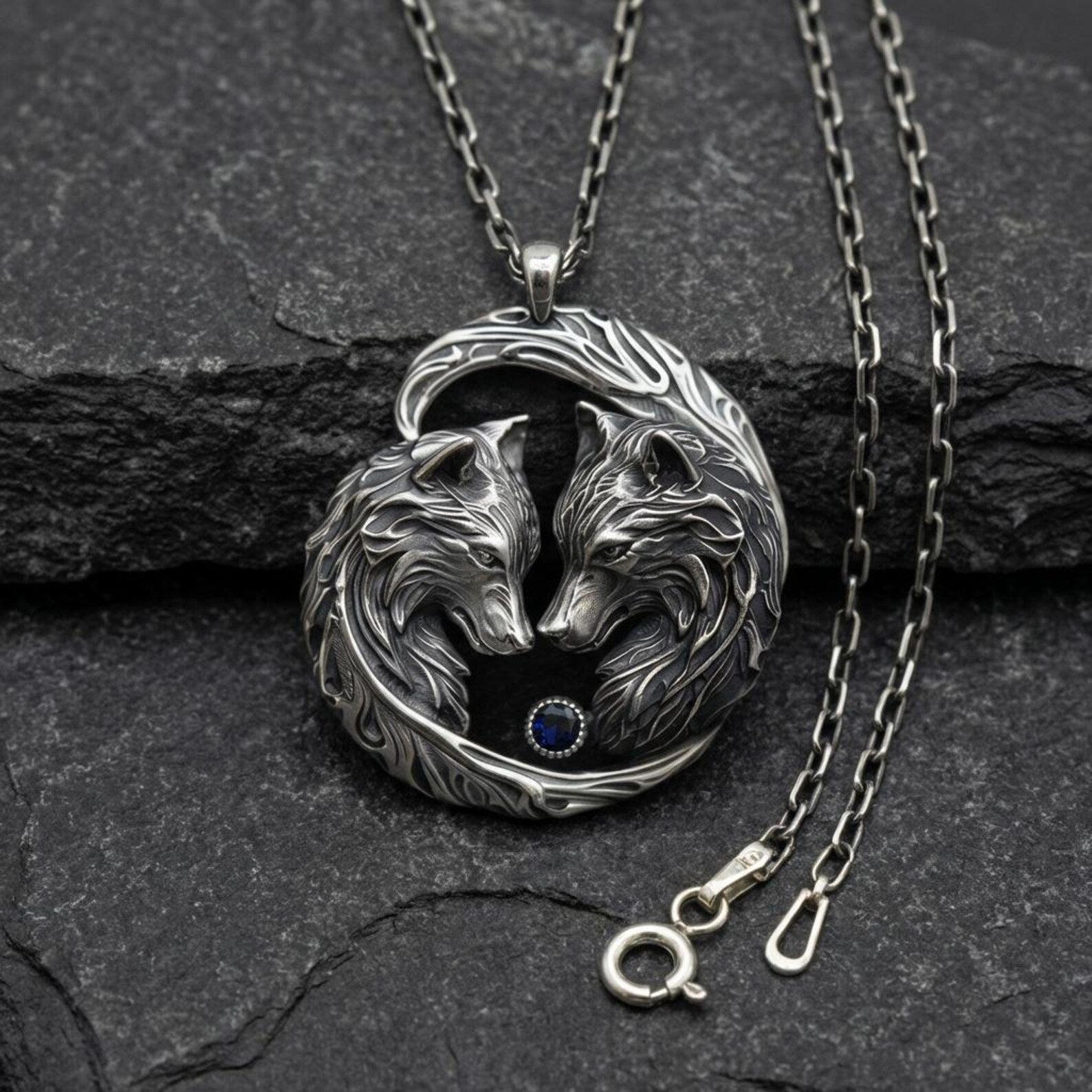 meaningful gift for boyfriend husband twin wolf sterling silver necklace animal totem jewelry