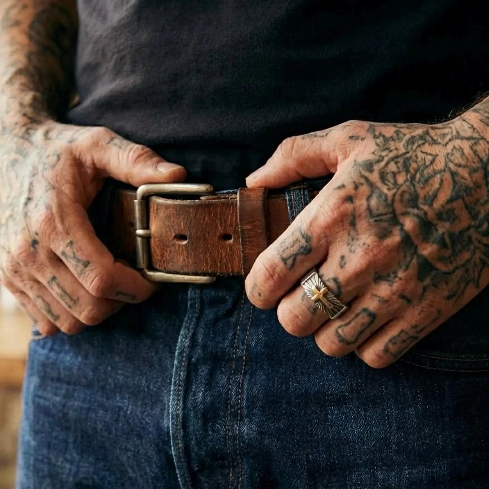 Minimal yet bold silver band ring with gold cross accent, handcrafted for men seeking timeless Christian and faith-inspired jewelry