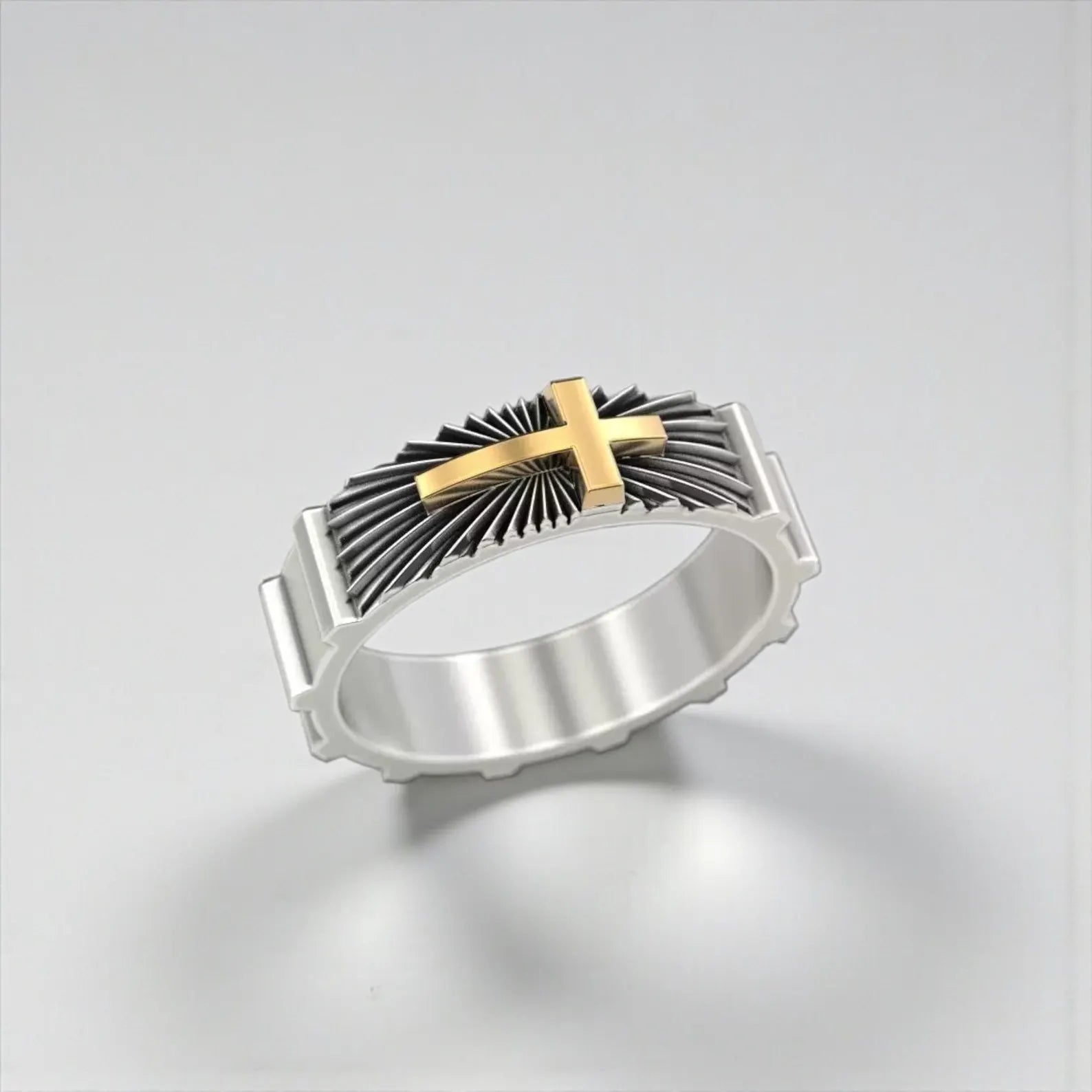 Handcrafted sterling silver wedding band ring with gold cross detail, featuring a bold religious design and oxidized finish for a masculine statement look