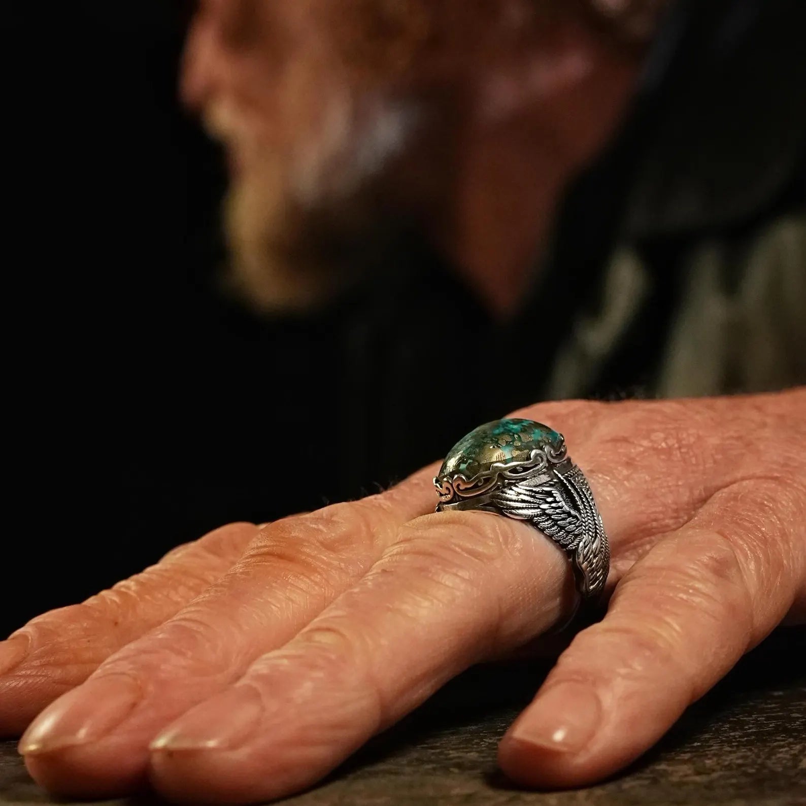 This silver gothic ring with a turquoise birthstone and detailed wings is a symbol of protection and resilience. Handcrafted with care, it speaks to those who embrace biker culture, Western aesthetics, and the legendary Harley Davidson lifestyle.