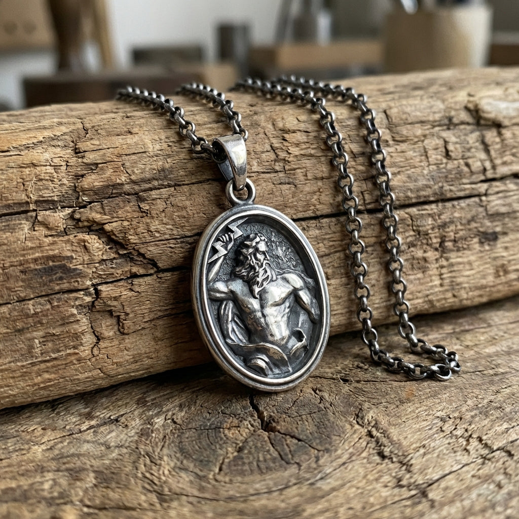 Bold masculine Zeus necklace for men handcrafted in solid silver, vintage mythology jewelry inspired by the king of the Greek gods
