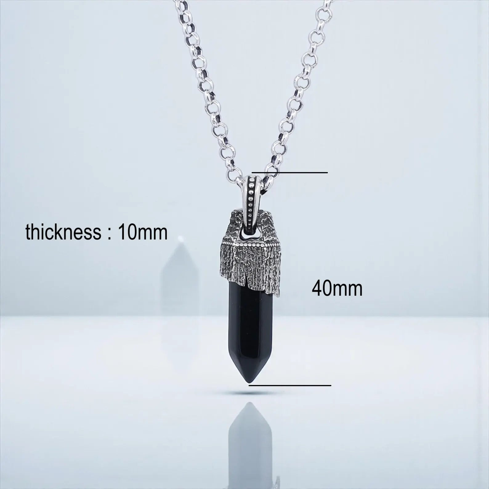 Men’s handcrafted obsidian talisman necklace featuring a long black obsidian point gemstone, oxidized sterling silver body, intricate compass engraving, and a bold masculine vintage style ideal for everyday or special occasions.