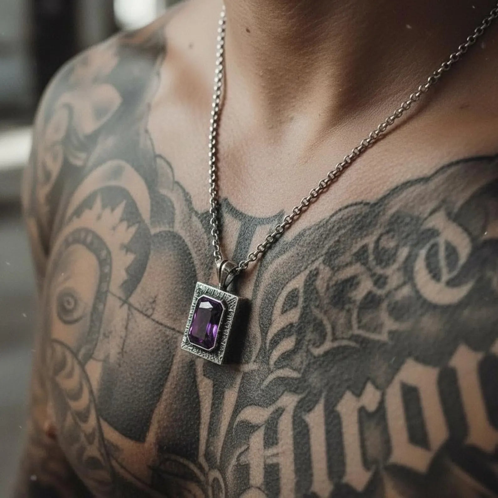 Elegant emerald-cut amethyst birthstone pendant on a sterling silver chain, designed as a personalized keepsake gift for husband, boyfriend, or loved ones.