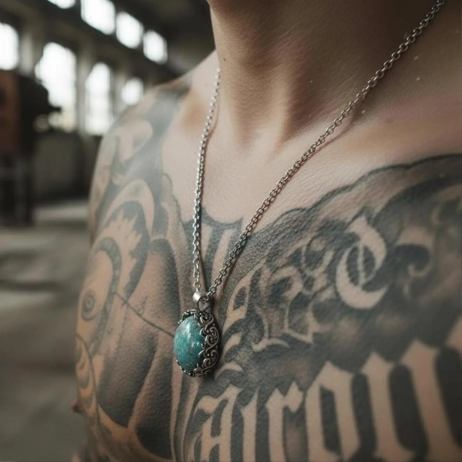 Large turquoise gemstone necklace for men showcasing an oval-cut natural stone set in a handcrafted sterling silver baroque frame, complete with oxidized finishing for depth and character; a luxurious piece of artisan jewelry ideal for gift-giving on birthdays, anniversaries, Christmas, Valentine’s Day, or meaningful life milestones.