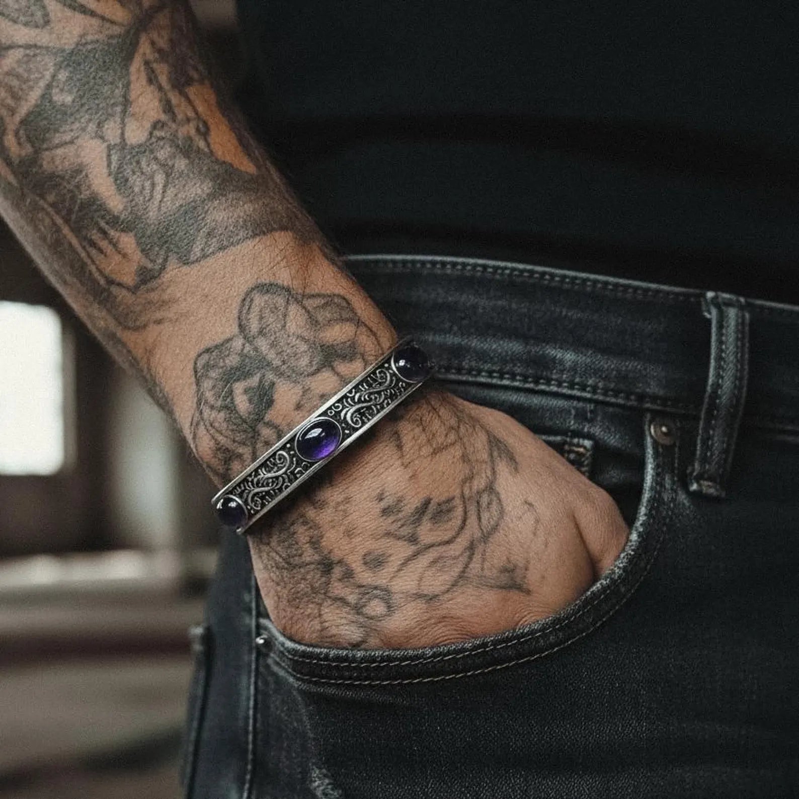 Handcrafted men’s amethyst cuff bracelet made from solid 925 sterling silver, featuring deep purple natural amethyst stones set into an intricately vintage-engraved silver cuff with oxidized details, designed for bold masculine style and perfect as a luxury anniversary or Christmas gift.