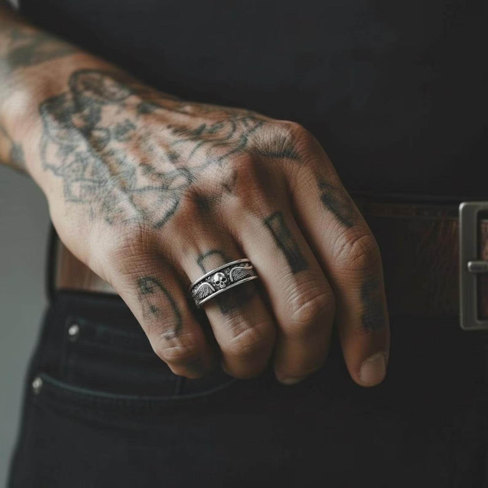 High-resolution image of a sterling silver biker skull ring featuring wings and oxidized detailing, highlighting the masculine gothic style and premium handcrafted quality ideal for rebels and riders.