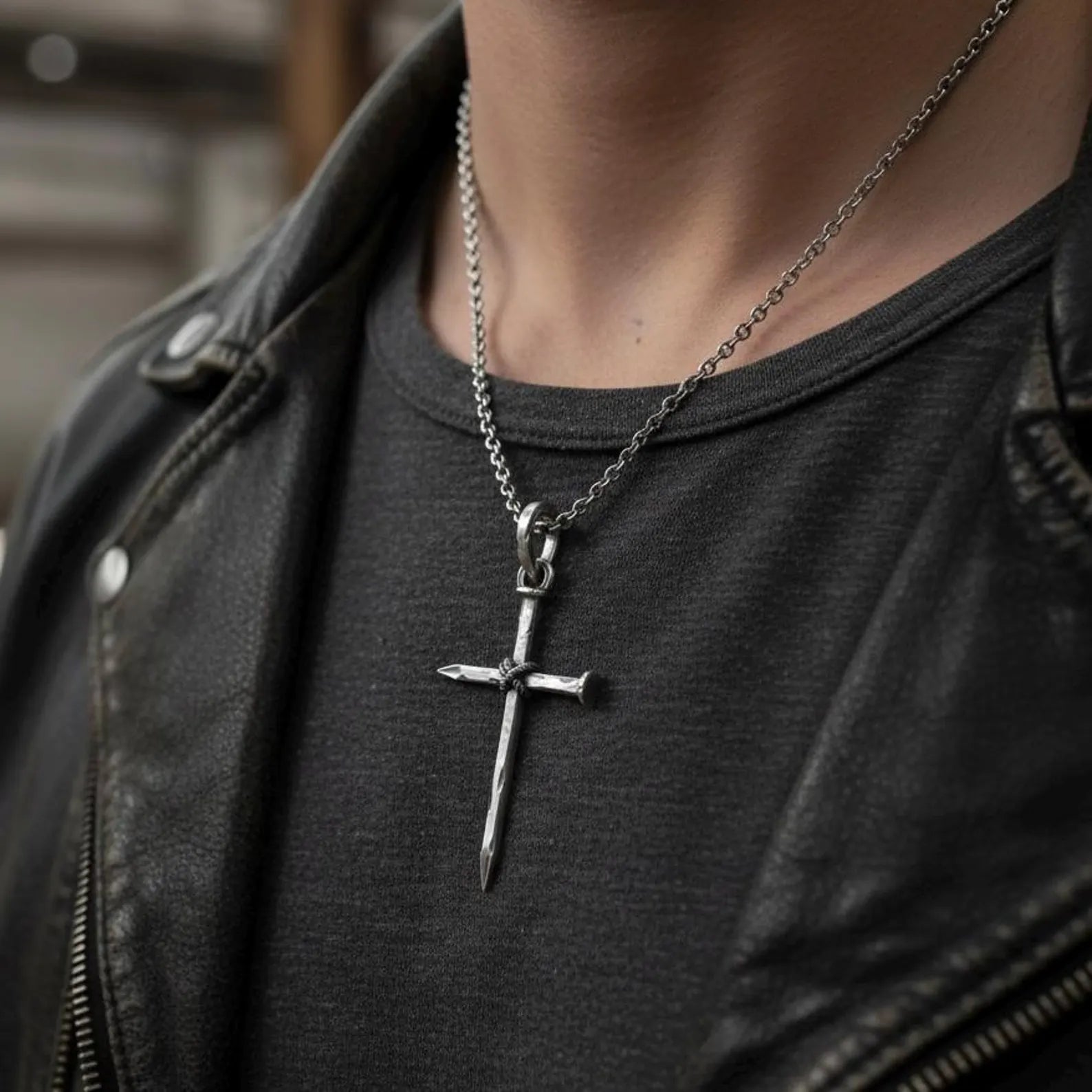 Handcrafted Christian nail cross necklace made of high-quality 925 sterling silver with an oxidized finish, designed as a powerful faith jewelry piece for men.