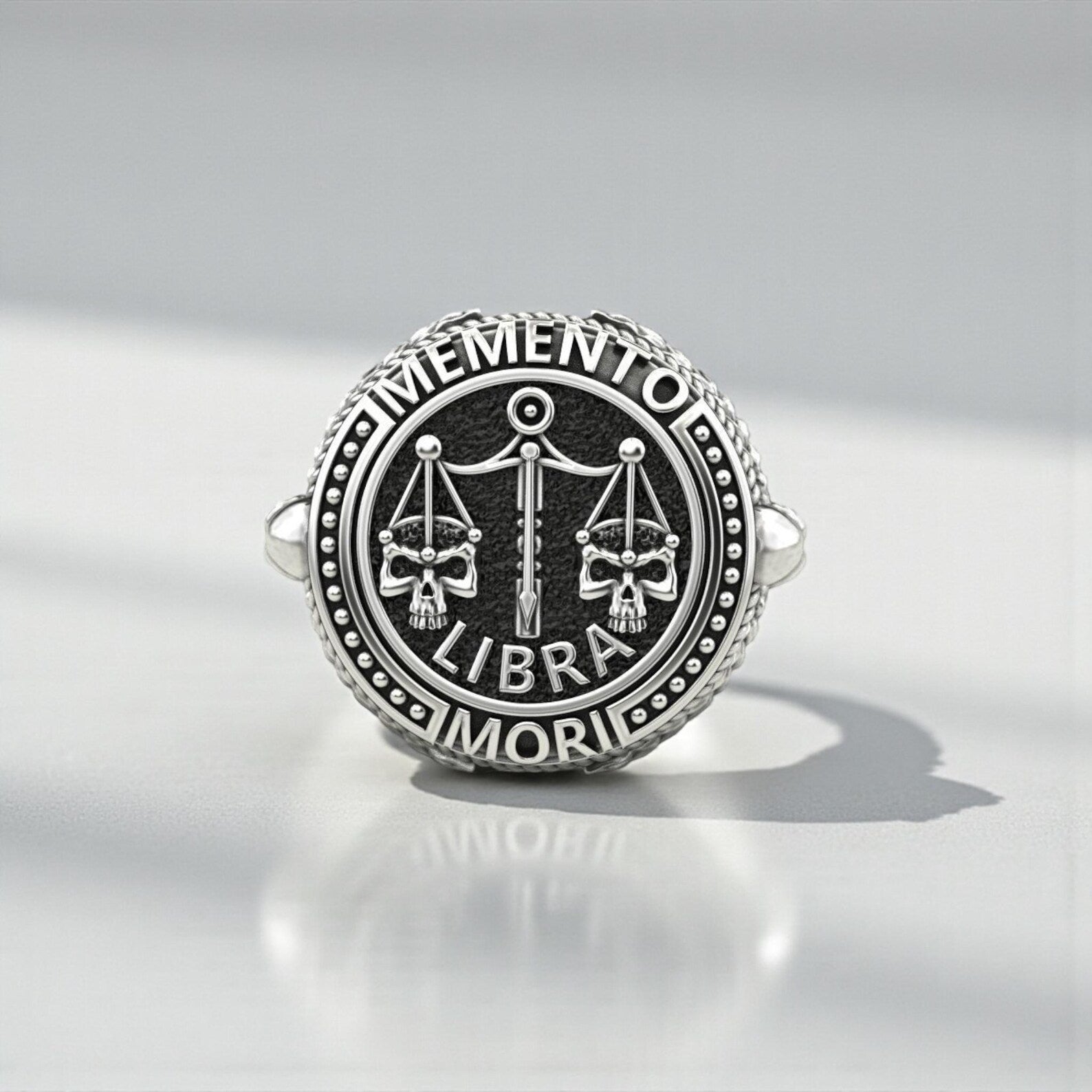 Premium sterling silver Libra skull ring designed for men who appreciate astrology symbolism, gothic aesthetics, and handcrafted statement jewelry.