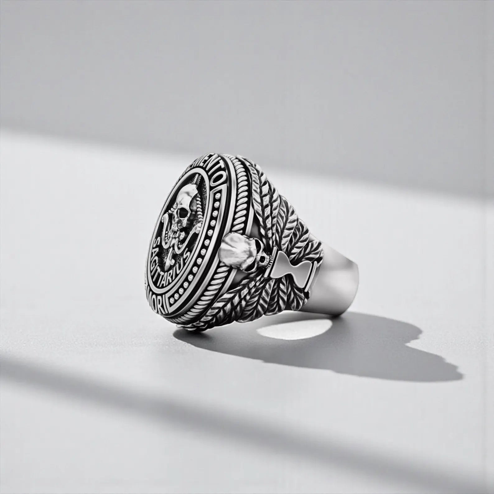 Memento Mori Sagittarius ring for astrology lovers, handmade from high-quality 925 sterling silver with a bold skull motif and vintage oxidized finish