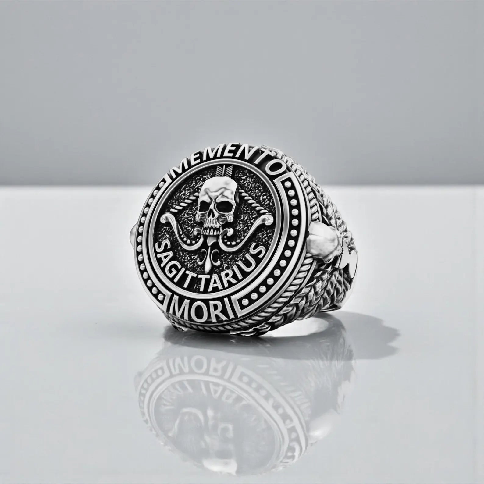 Handcrafted Memento Mori Sagittarius skull ring for men made of solid 925 sterling silver, featuring a gothic zodiac design that symbolizes freedom, wisdom, and the fearless pursuit of meaning